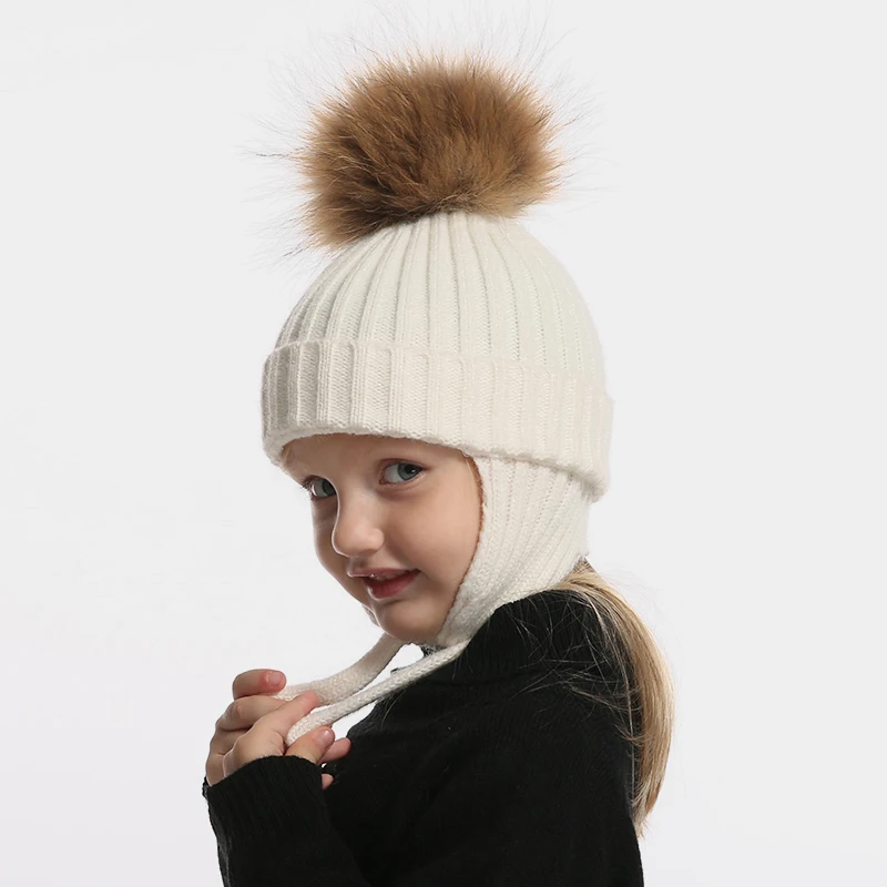 2023 Winter Crochet Baby Hat Real Fur Pompom Infant Toddler Earflap Cap Bonnet Soft Warm Beanie Solid Color Kids Knitted Hat