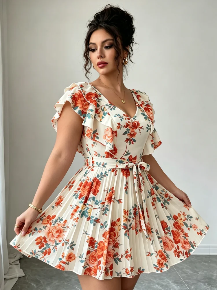 Plus Size Women's Printed Mini Dress with V-neck Ruffled Sleeves Waistband, Short Skirt, Casual Summer Beach Holiday Skirt