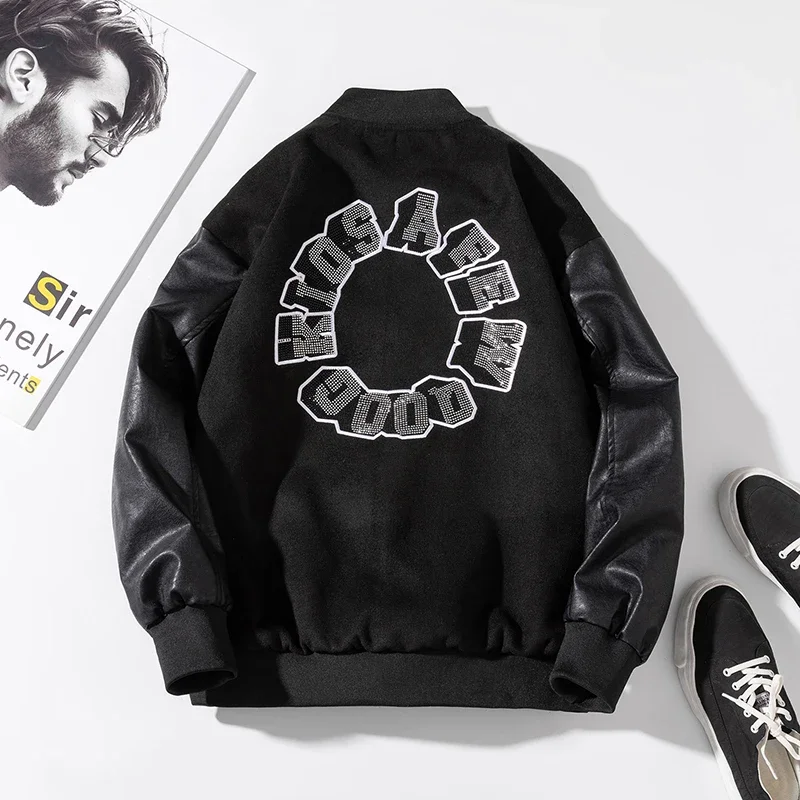 YASUGUOJI Fashion Patch Leather Patchwork Baseball Jacket Men Coats Autumn Baggy All-match College Style Bomber Jackets Couple