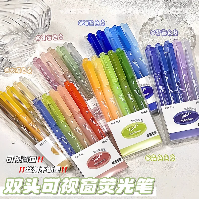 5Pcs Twin Tip Highlighter Pens Set, Retro Desert Morandi Color Highlighters with Visible Ink Window, Dual‑Ended Pastel Marker