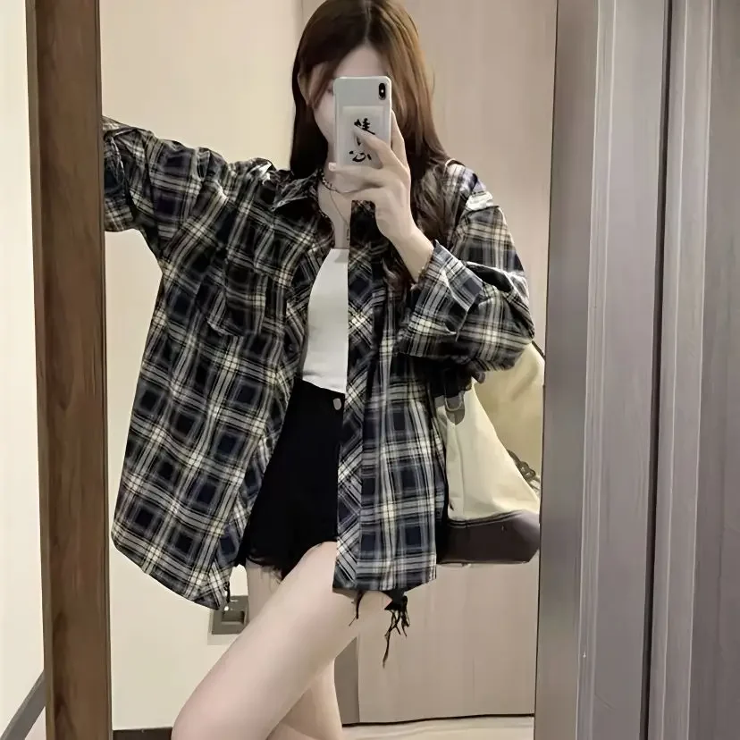 Korean Style Navy Blue Plaid Shirt Long Sleeved Tops Women\'s Check  Blouse Female Spring Summer Basic Thin Coat Outwear 2024