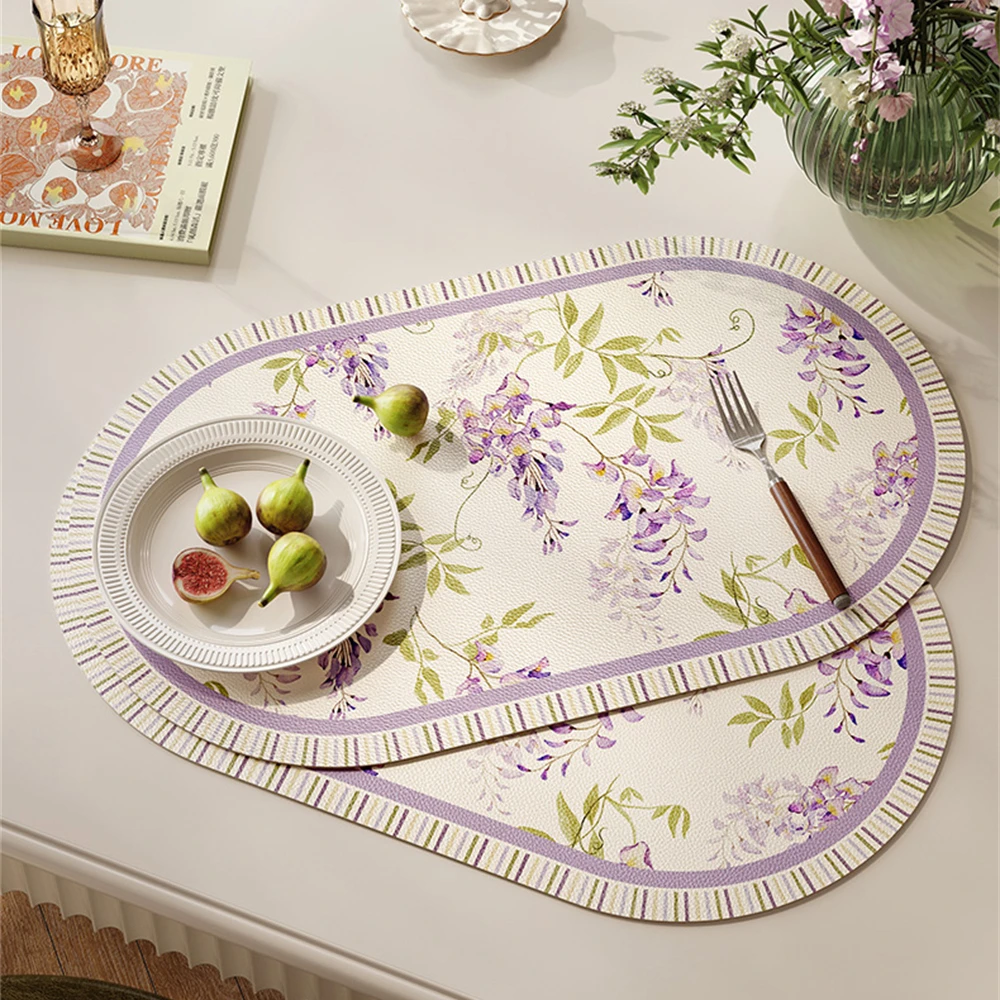 French Entry Luxury Placemat Waterproof And Oil-Proof No-Washing Anti-Scalding Oval Desktop Purple Printed Placemat Customizable