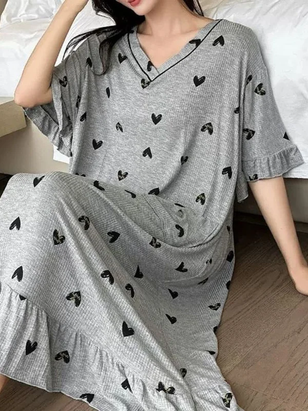 

plus Size Casual Home Clothes Sleepwear V-Neck Short Sleeve Loose Fit Comfortable Summer New Style Women's Sleep Dress