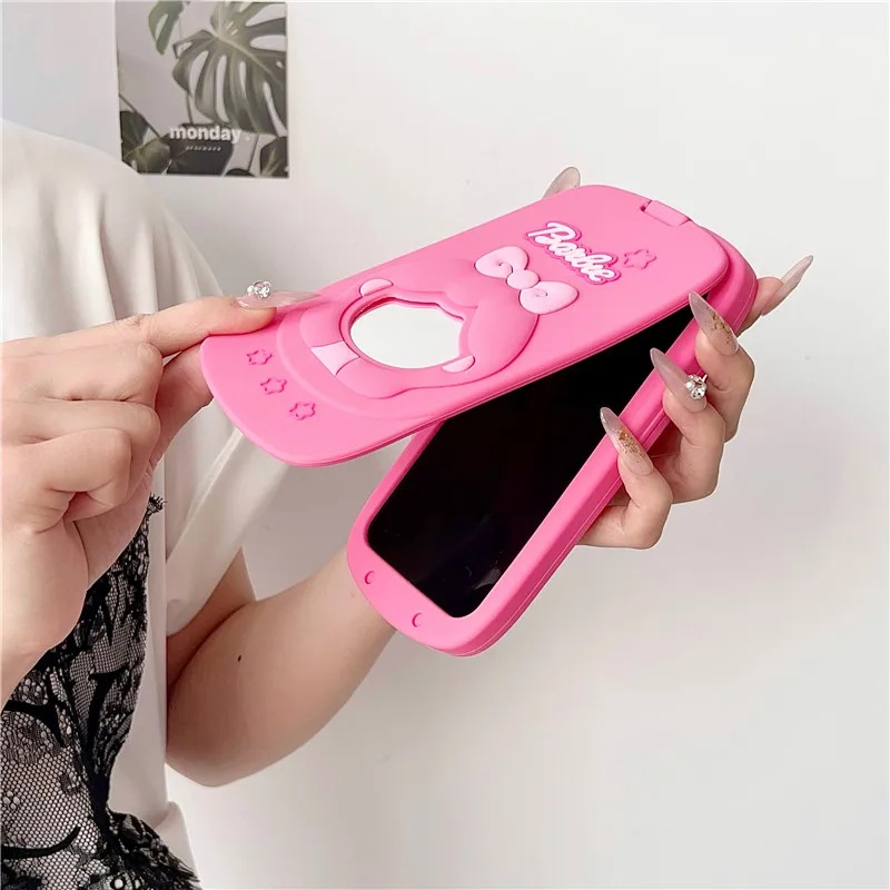 Luxury Retro Folding Flip Big Brother Cute Pink Barbie Heart Love Mirror  Phone Case For iPhone 13 12 11 14 15Pro Max Cases Gift