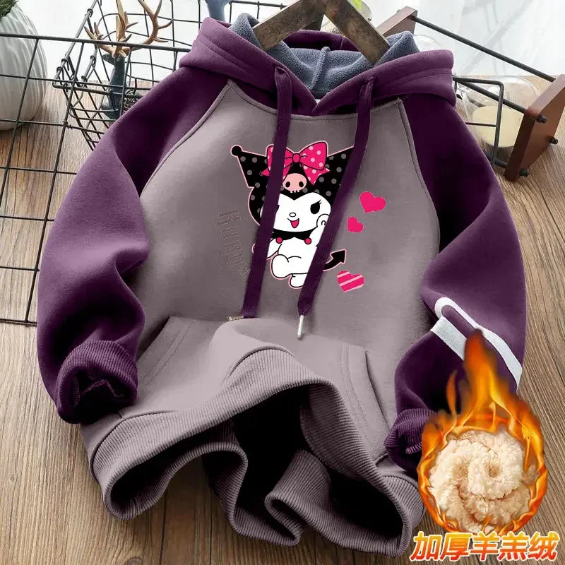 Sanrio Kuromi's new cute winter thickened Korean style trendy cartoon hooded sweatshirt for girls, middle and older children