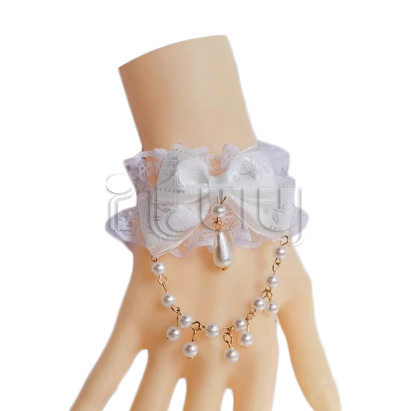 Kawaii Lolita KC Bracciale con maniche a mano Polsini da polso Bowknot Lace Trim Cameriera Accessori Cosplay Ragazza Sposa Ornamenti