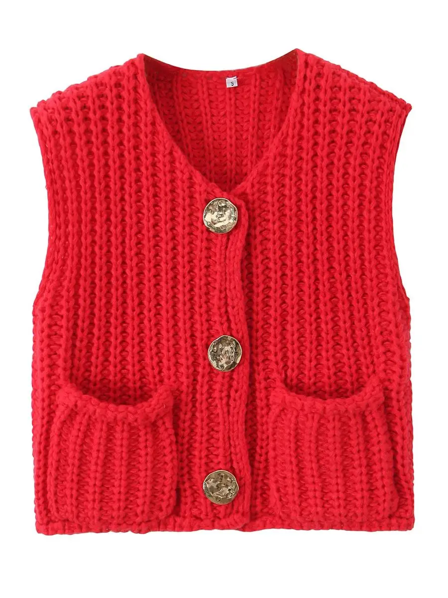 XNWMNZ 2024 Women Fashion Red Cropped Knitted Vest Elegant Gold Buttons Sleeveless V Neck Cardigan Spring Female Streetwear