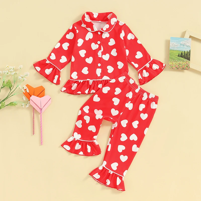 Ensemble pyjama Leon S Day pour filles, chemise boutonnée à volants, manches longues, imprimé cœur, pantalon évasé élastique, confortable