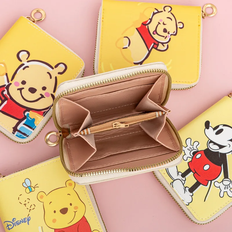 

New Disney Mickey Short Wallets for Women Lovable Pooh Bear Small Wallet Men's Cartoon Stitch PU Card Bag Zipper Coin Purse