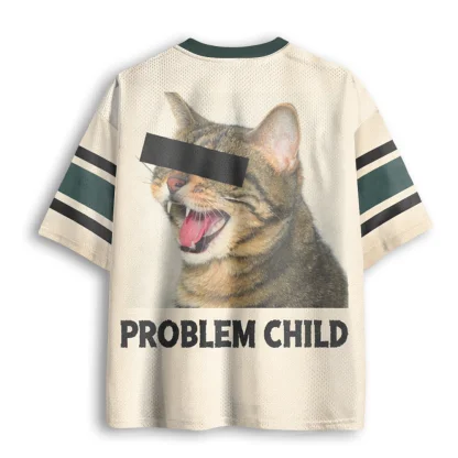 Problem Child Funny Cat Meme Print Men V Neck Mesh Jersey Retro Casual Short Sleeve Top