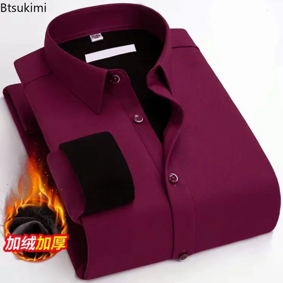 New Autumn Winter Mens Business Shirt Velvet Thickening Warm Casual Long Sleeved White Blue Black Smart Male Social Dress Shirt