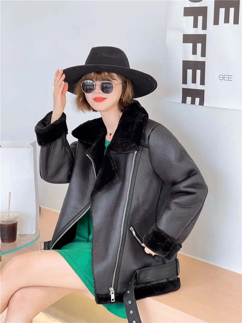 New Autumn Winter Coats Women Thick Faux Leather Fur Sheepskin Coat Female Lamb Feather Leather Jacket Aviator Casaco Feminino