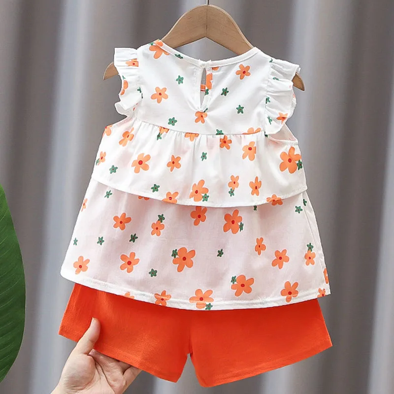 Summer Baby Girl Clothes Two Piece Ruffle Sleeveless T-shirt Pant 2Pcs Set Cute Bow Blouse Children Outfit Kid Toddler Suit A525