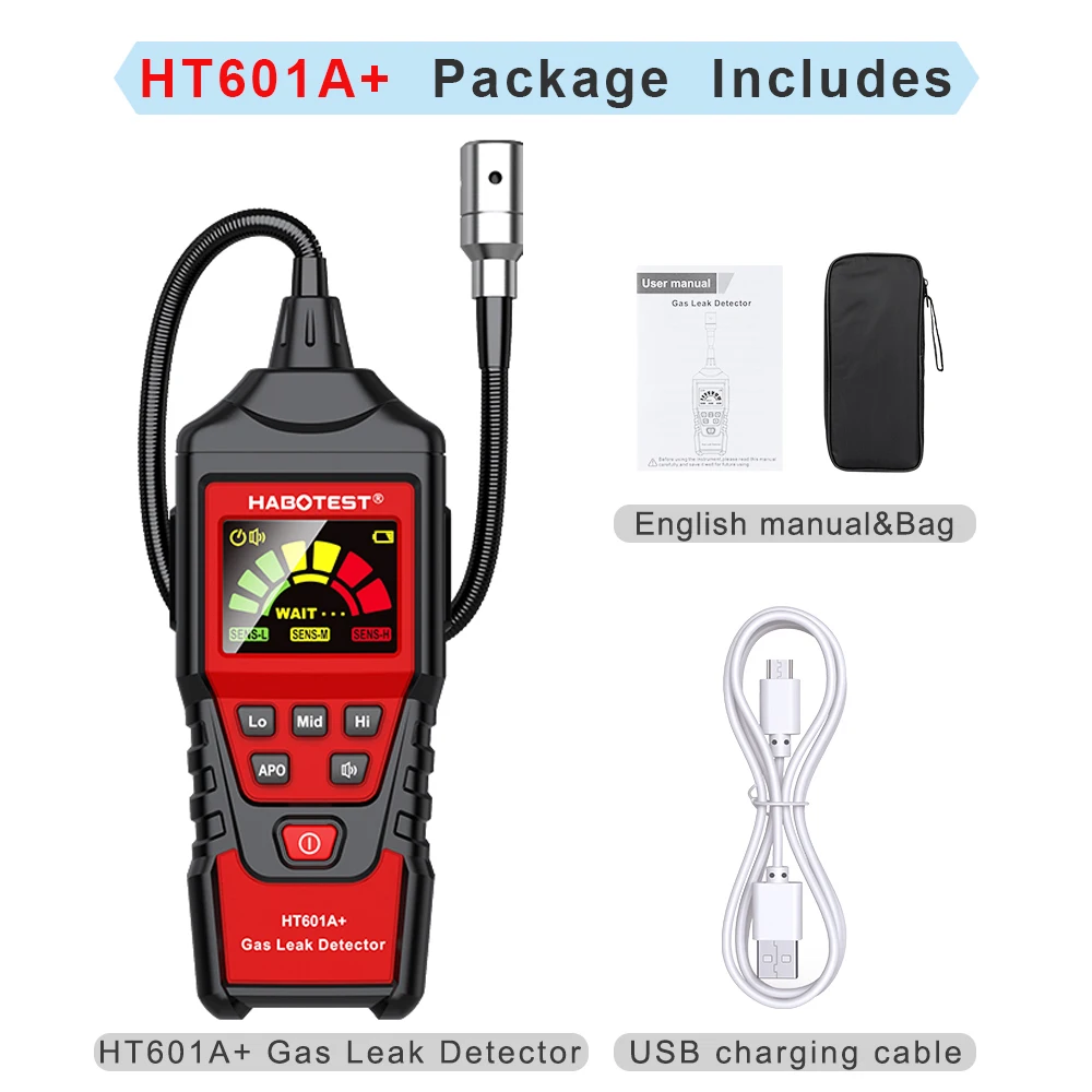 HABOTEST HT601B+PRO Gaslekdetector 0-9999PPM Flexibele sonde Snelle respons Brandbaar Natuurlijk methaangasdetector