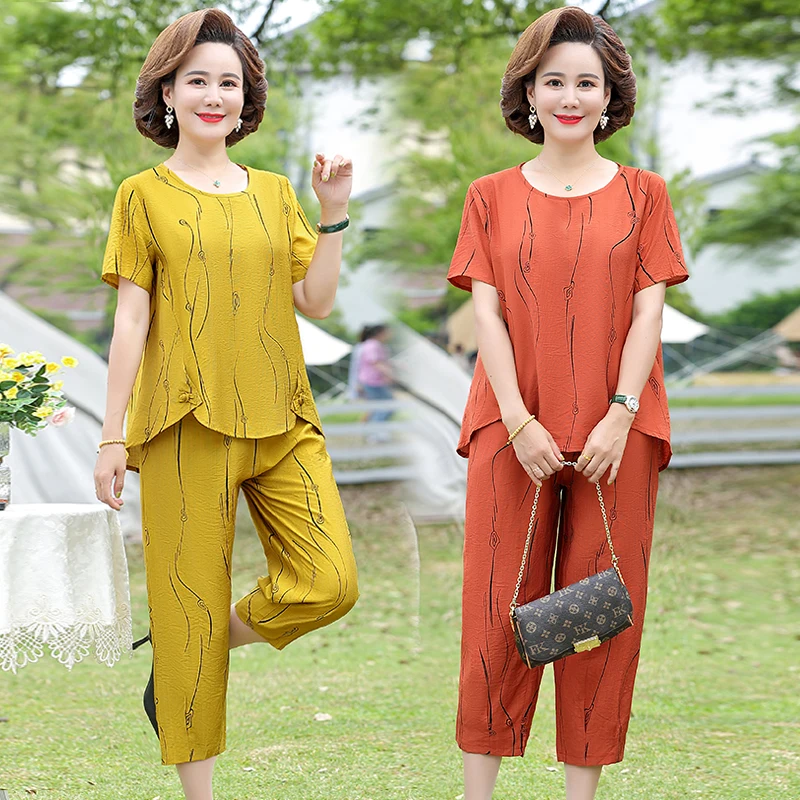 Middle-aged Women Clothing Summer 2 Piece Sets Womens New Short Sleeve T-shirt and Harem Pants Loose Woman Suit