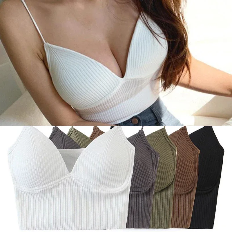 French Style Crop Top Camisole Bra Slim Fit Sexy Stretch Push Up Bra with Chest Pads Cropped Navel Short Tube Top V-Neck Tops