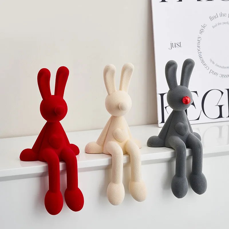 

Nordic Ceramic Sitting Long Eared Flocking Bubble Rabbit Figurine TV Cabinet Modern Art Decor Home Desktop Porch Sculpture Craft