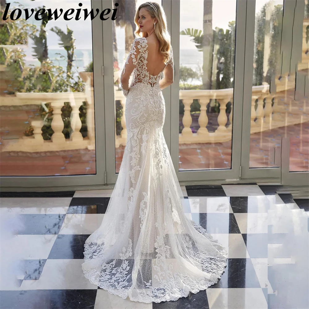 Vestido De novia De sirena con cuello en V, manga completa, Apliques De encaje, tren largo, bohemio, personalizado