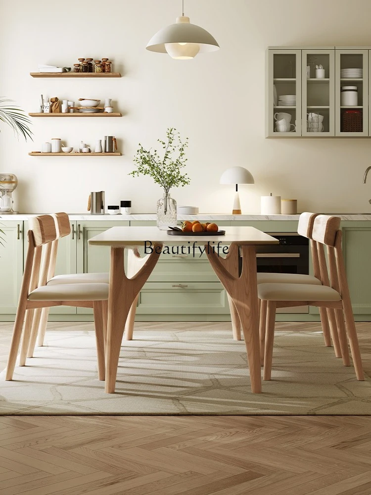Solid wood rock slab dining table Cream style simple modern Nordic log rectangular dining table