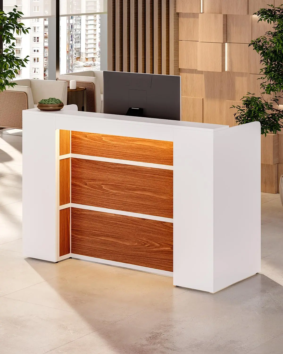 Little Tree 63 Inches Reception Desk, Modern Reception Table With Led Light, Front Counter Desk, Wooden Checkout Counter For