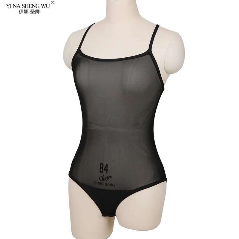 Body transparente de malla para danza del vientre para mujer, Tanga de corte alto, leotardo sin mangas, ropa de entrenamiento, eslinga conectada desnuda