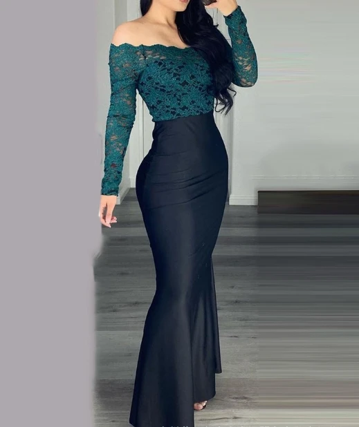 

Summer New Two-Piece Set with One Shoulder Long Sleeved Lace Tight Fitting Suit Long Half Skirt Two-Piece Set for Women