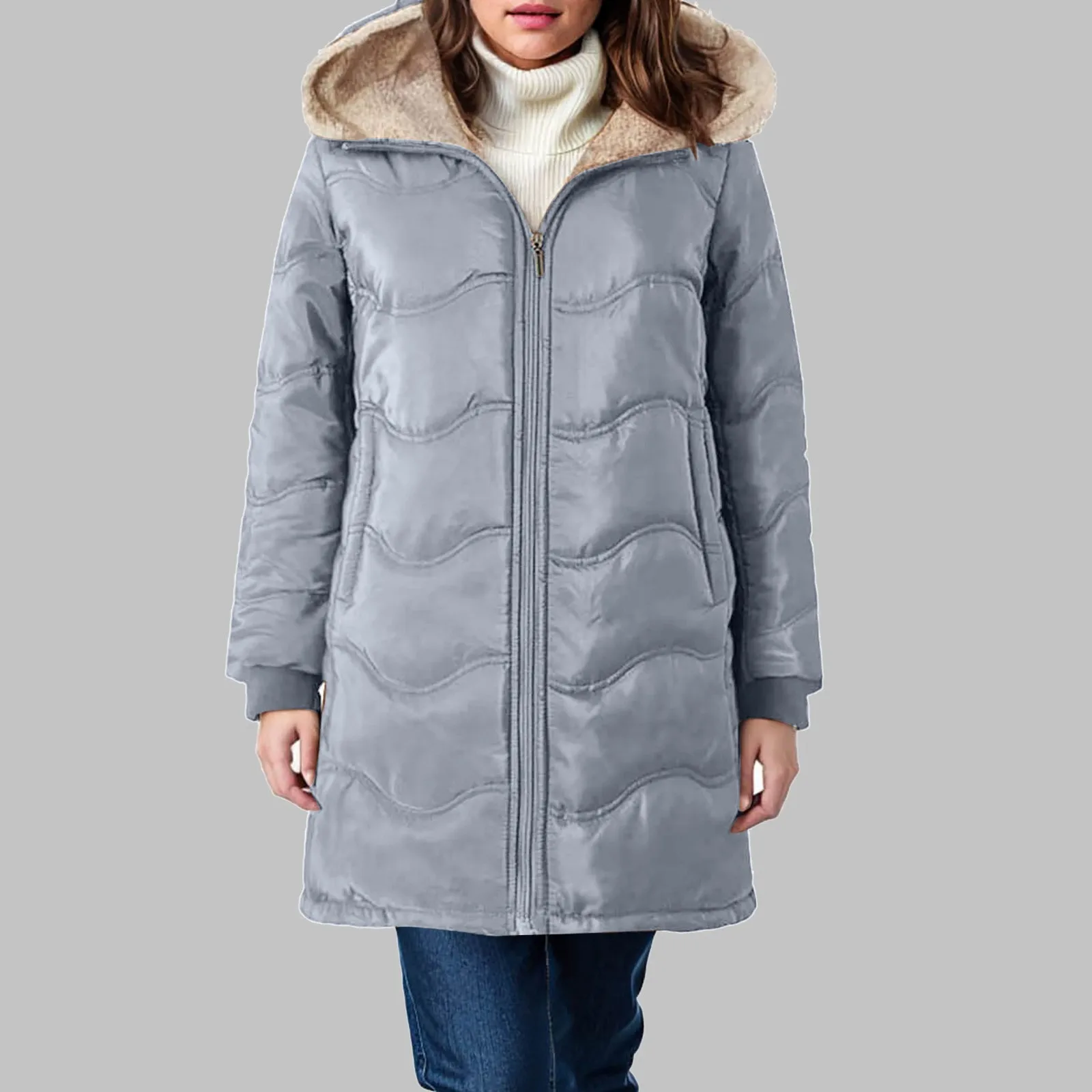 Chaquetas De lana De cordero con capucha para Mujer, Chaquetas De algodón cálidas y gruesas con ondas geométricas europeas, invierno, 2024