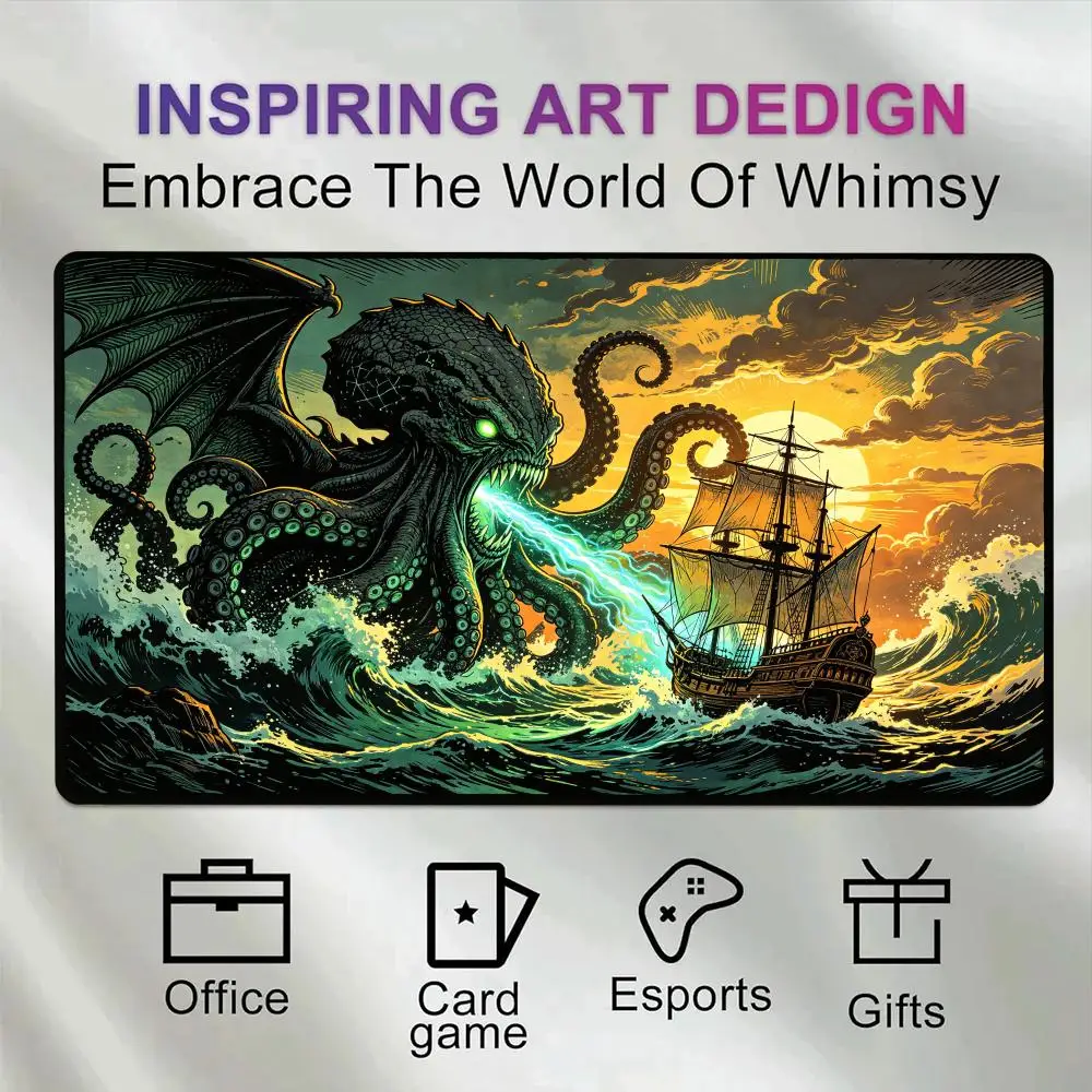 Winged Cthulhu Monster Gaming Desk Mat Old Ship Sunset Ocean Art Premium Rubber TCG Playmat Decor Gift for Gamers