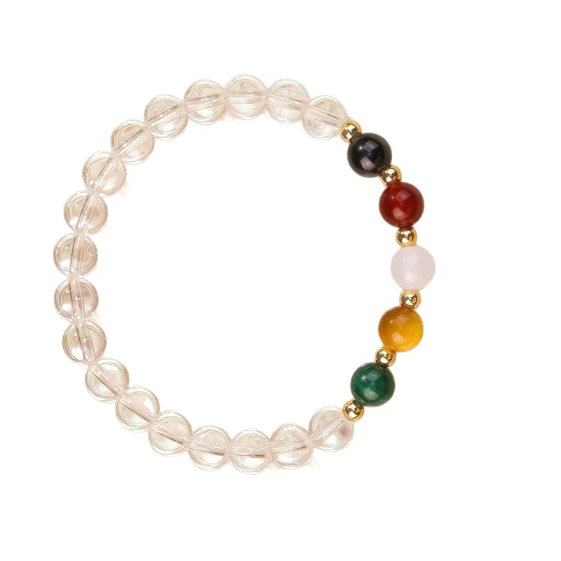 Chinese Style Lucky Five Wealth Gods Natural Clear Quartz Bracelet Malachite Tiger Eye Agate Beaded Bracelet For Women Blessing