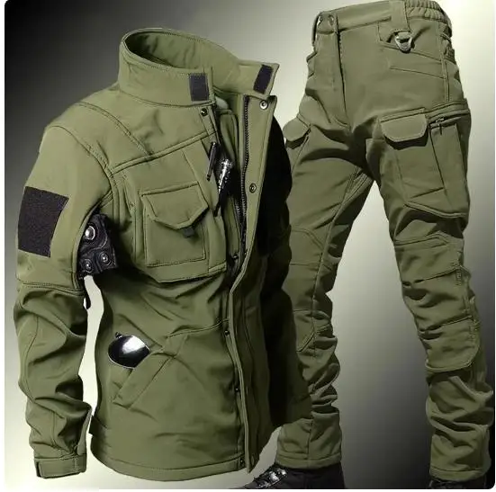 Men\'s Tactical Sets Winter Shark Skin Military Suit Soft Shell Windproof Waterproof Jackets Warm Fleece Cargo Pants Army Uniform