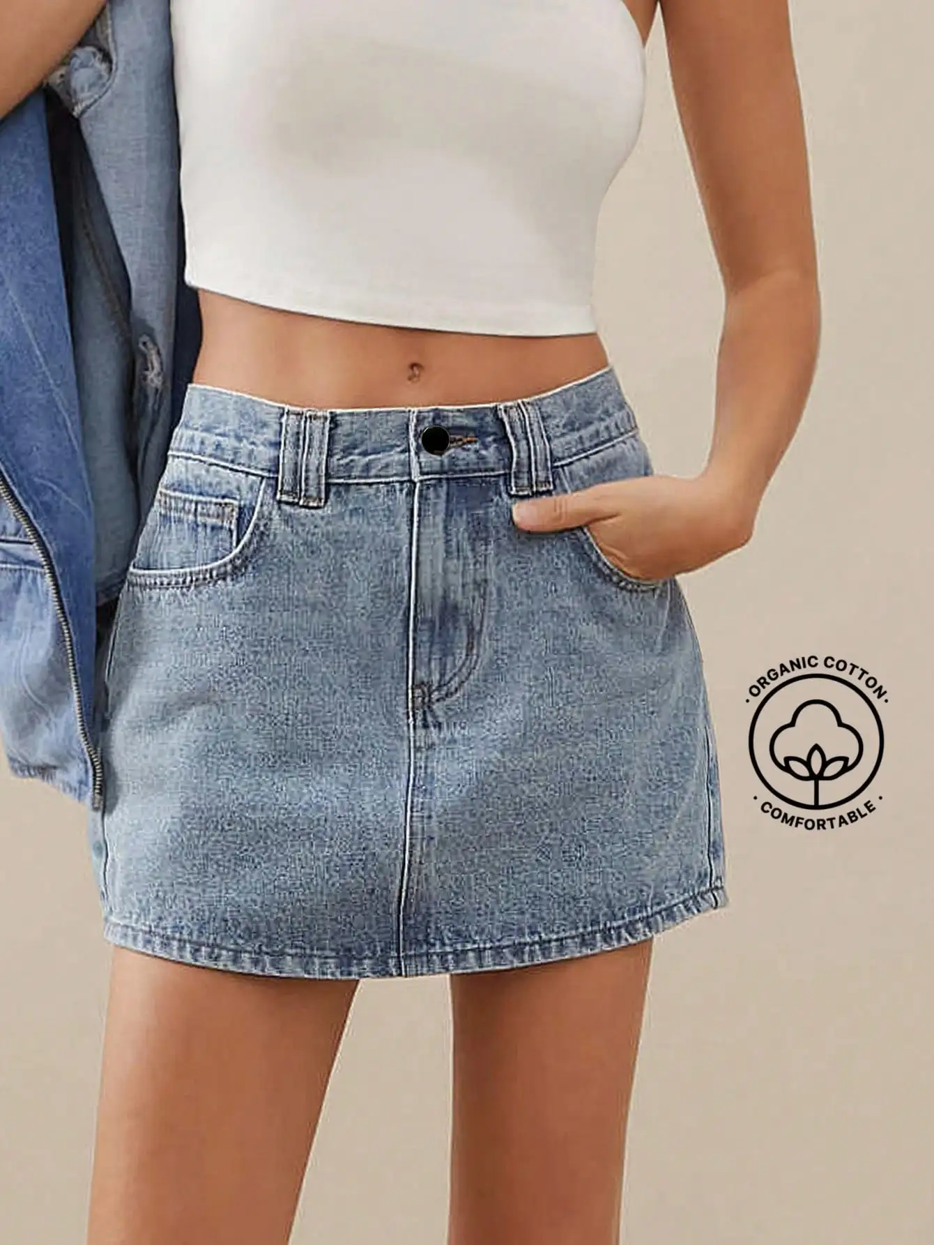 Light Wash Denim Mini Skirt with Front Button Closure and Pockets