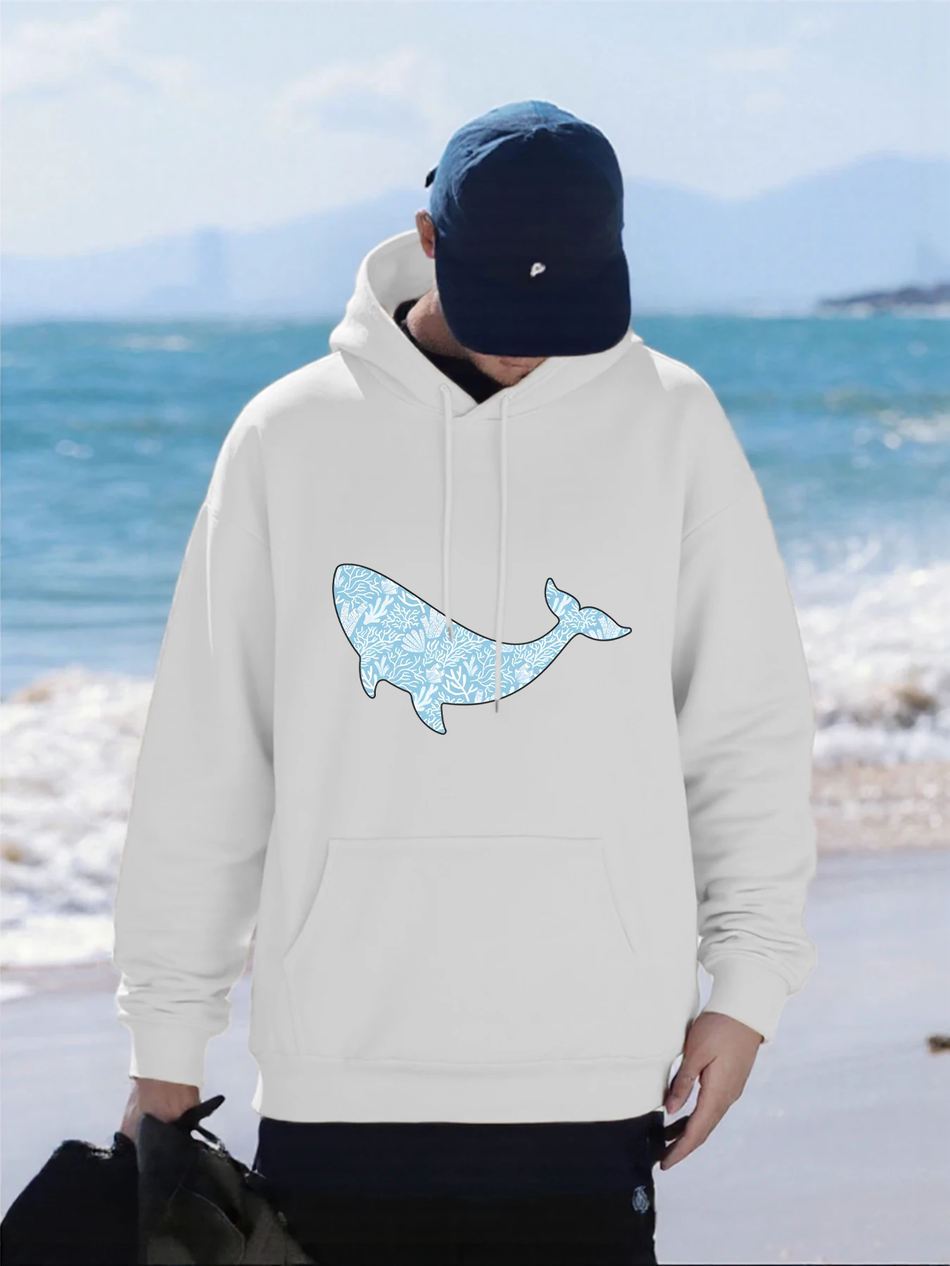 Ballenas con diseños de algas marinas de Coral, sudaderas con capucha para hombre, ropa deportiva de lana con bolsillo, Sudadera con capucha de Hip Hop de gran tamaño, jerséis de calle de otoño
