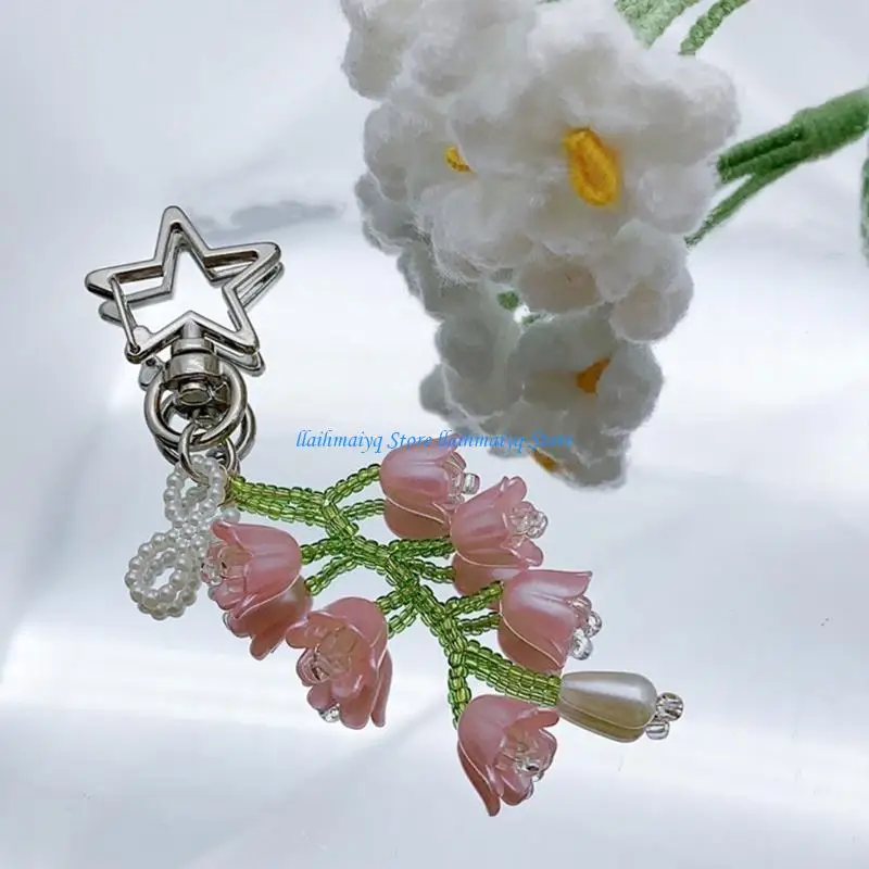 573B Handcrafted Flower Keychain Elegant Beads Holder Portable Keyrings for Girls