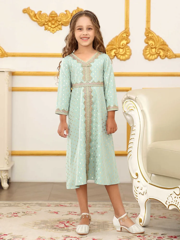 

Middle East Dubai Girl Print Long Dr Children's Clothing Cross-Border Long Sve Children's Ball Gown Ethnic Sle Polyester
