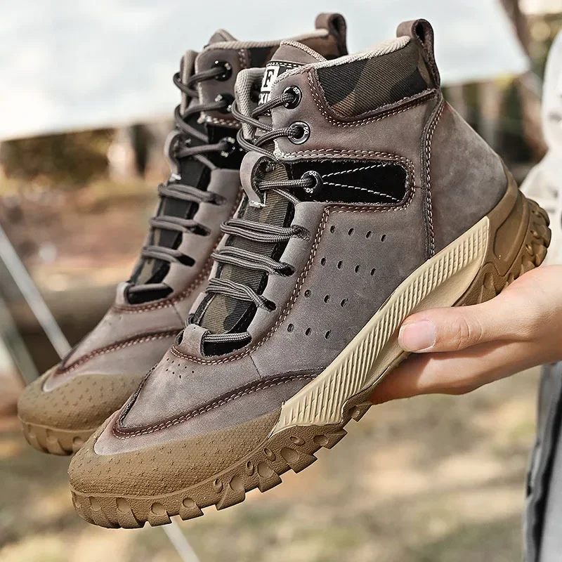 Męskie buty nowe oryginalne skórzane wysokie topy Casual sportowe buty turystyczne odkryte trampki gorące antypoślizgowe buty wspinaczkowe ze skóry