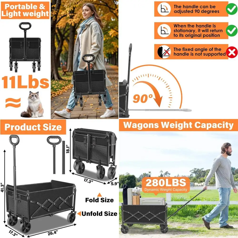 

Folding Utility Wagon with Wheels - Portable Beach and Camping Cart for Sports, Grocery, and Outdoor Activities, Black