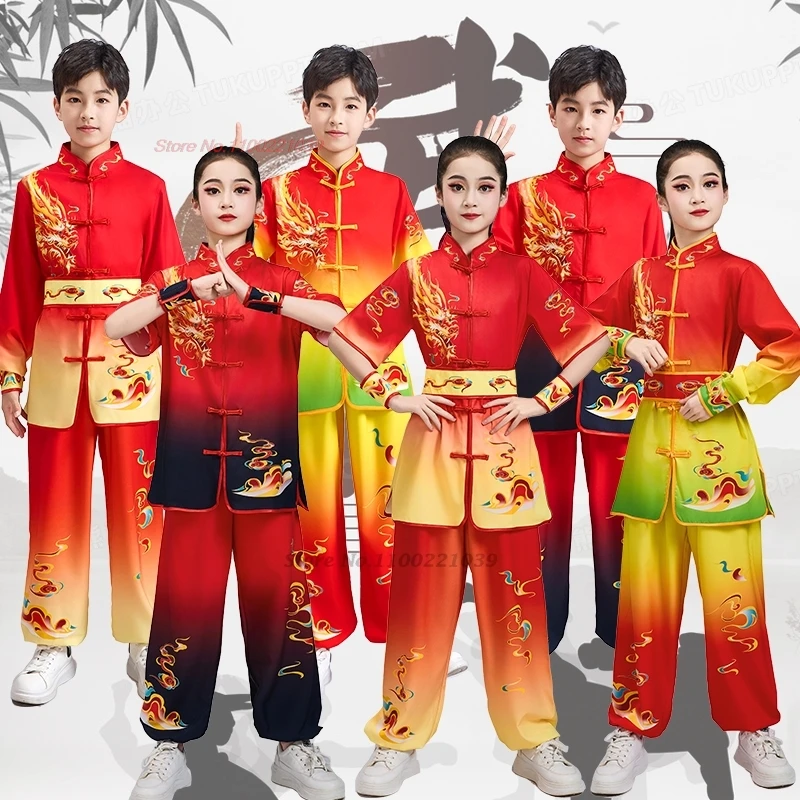 

2025 chinese children wushu clothing dragon embroidery kung fu uniform martial arts training exercise practice stage performance