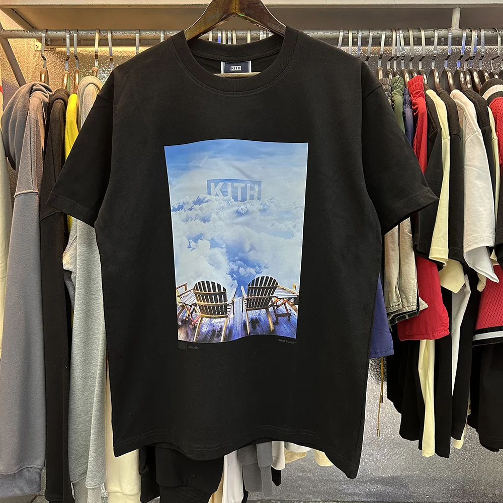 KITH American Style round Neck Short Sleeve Pure Cotton T-Shirt  Cloud Sea Print Street Fashion Hip Hop Couple Summer Top