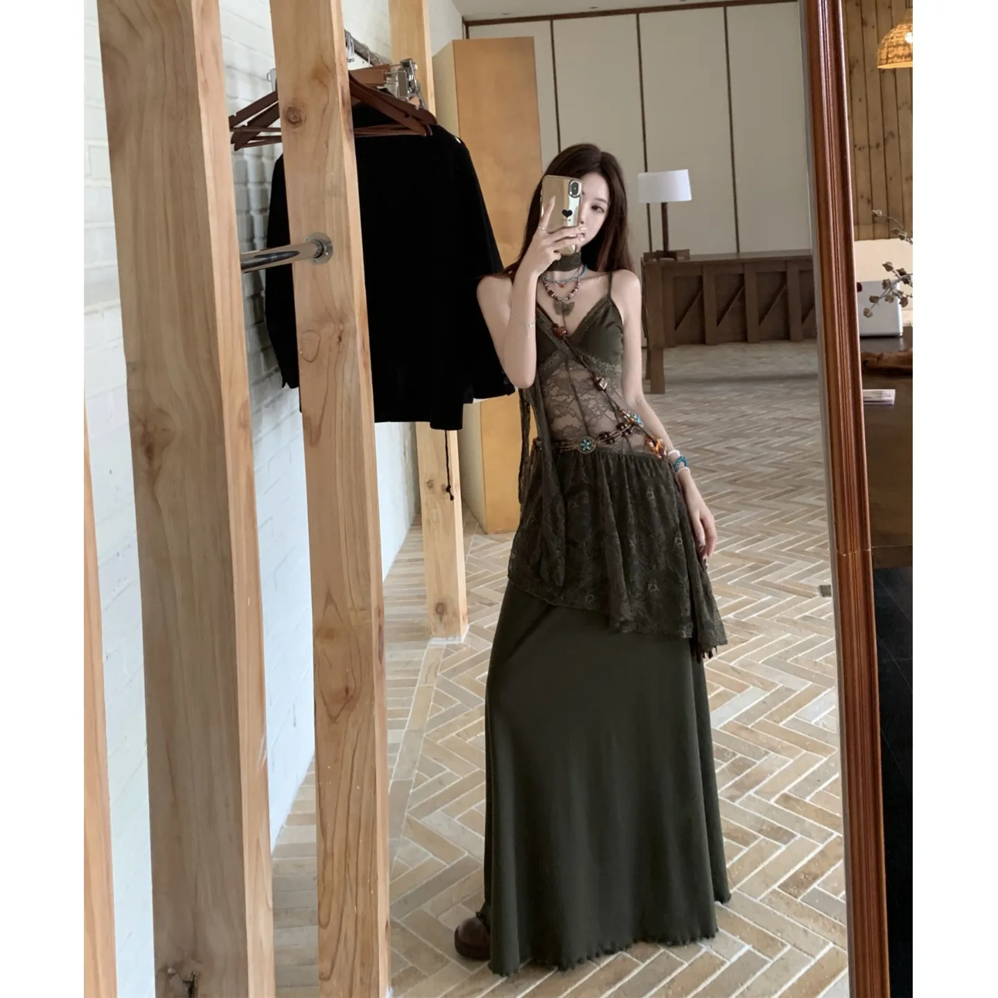 ชุดเดรสสีเขียวผ้าทูลล์ลูกไม้ซีทรูแบบเรโทร สายเดี่ยว ดีไซน์เปิดไหล่ แต่งริบบิ้น สไตล์นิช ฮาราจูกุ โมริเกิร์ล ชุดราตรี