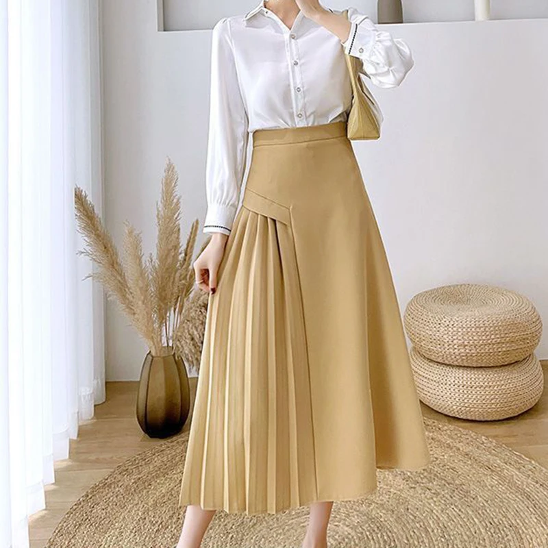 Fashionable Korean Solid Color A-line Long Skirt Female High Waist Pleated Spring/Summer Elegant Office Half Skirt Female