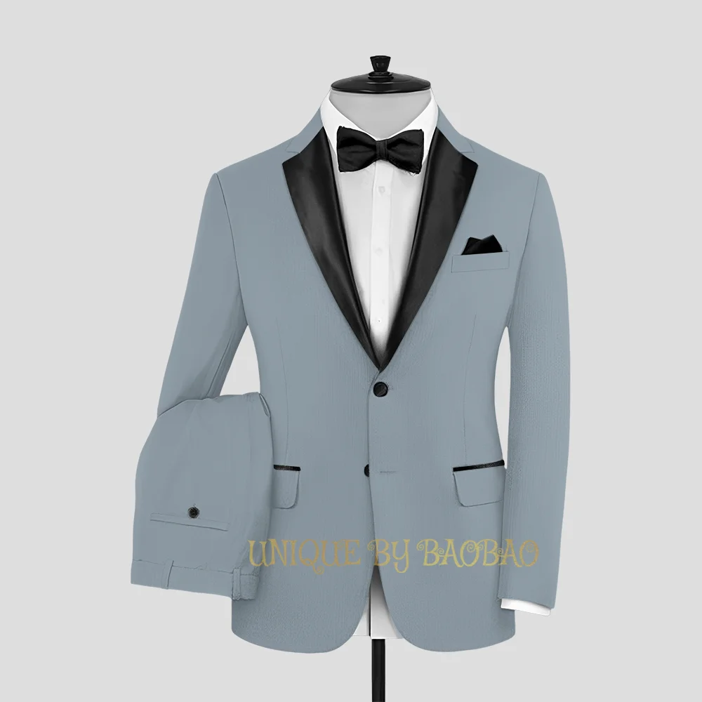 Men's blue 2-piece suit (jacket+pants) spliced Lapel summer linen attire beach wedding birthday dance dinner party custom tuxedo