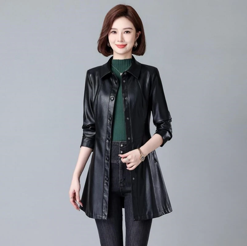 

New Women Leather Trench Coat Autumn Winter Fashion Turn Down Collar Covered Button Slim medium-Long Leather Coat Split Leather