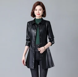 New Women Leather Trench Coat Autumn Winter Fashion Turn Down Collar Covered Button Slim medium-Long Leather Coat Split Leather