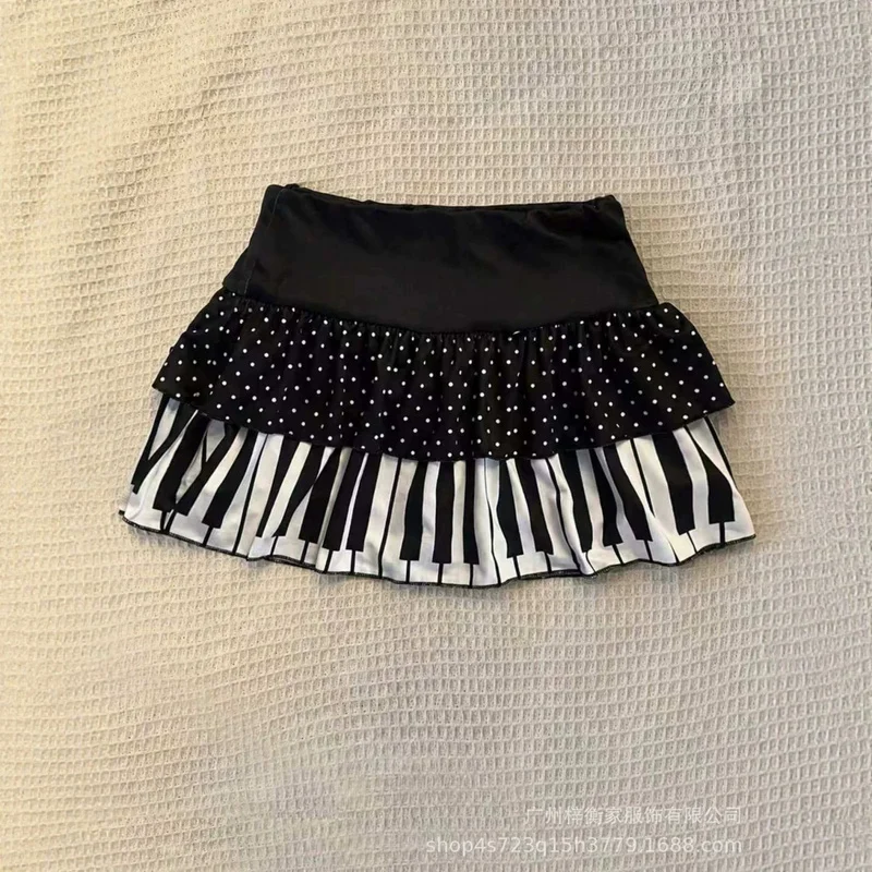 QICHE Retro Early Vibe Women Skirt Black White Piano Key Puffy Skirt Punk Subculture Slim Anti-exposure Skirt