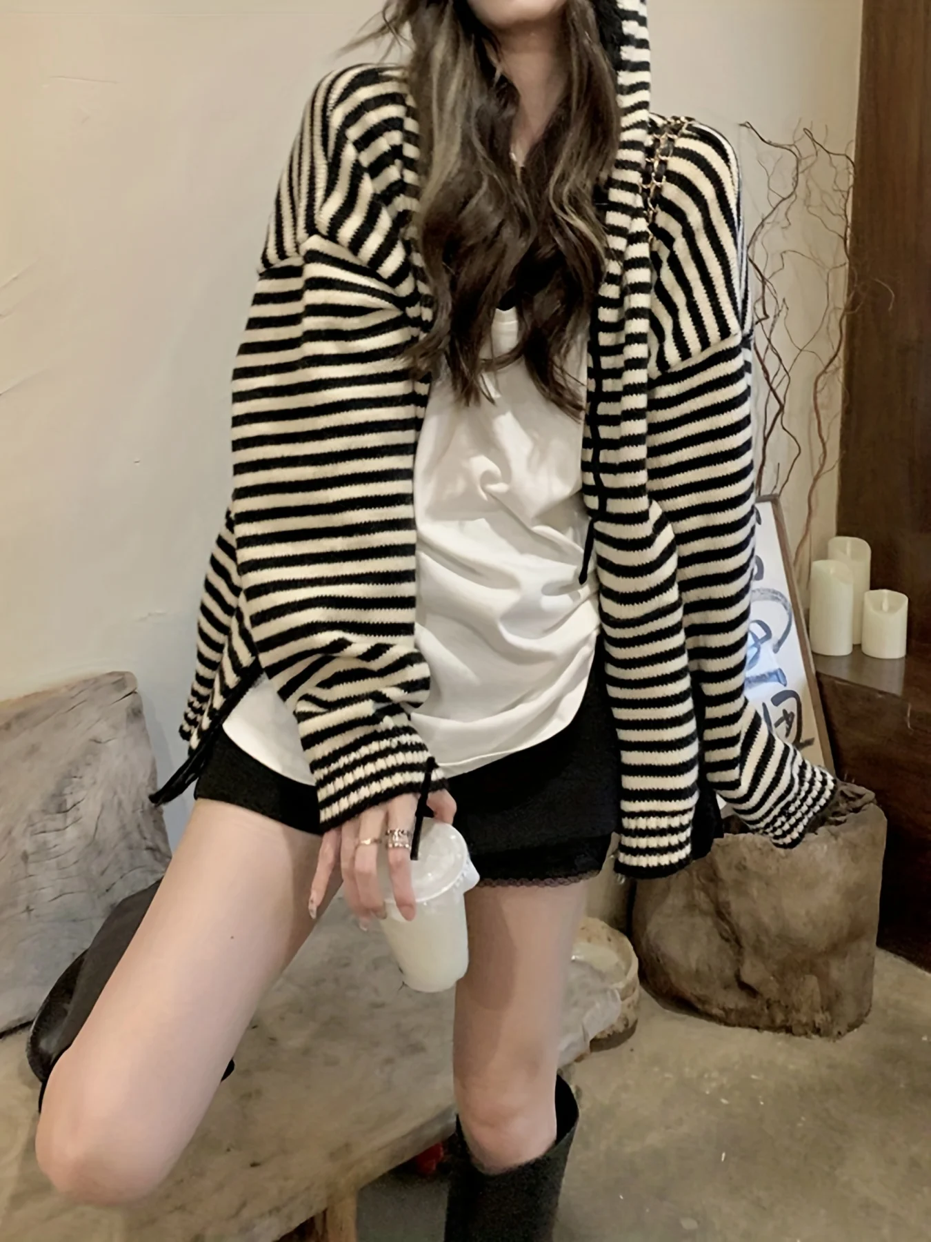 Korean Fashion Contrast Striped Knit Hooded Sweater for Women Winter Lazy Casual Knit Zipper Hooded Cardigan Outwear