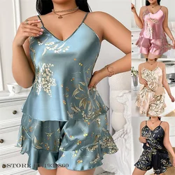 Large Size XL-5XL Pajamas Strap Cami&Shorts Suit Women Satin Two Pieces Sleep Set Print Flower Home Wear Lounge Wear Nightgown
