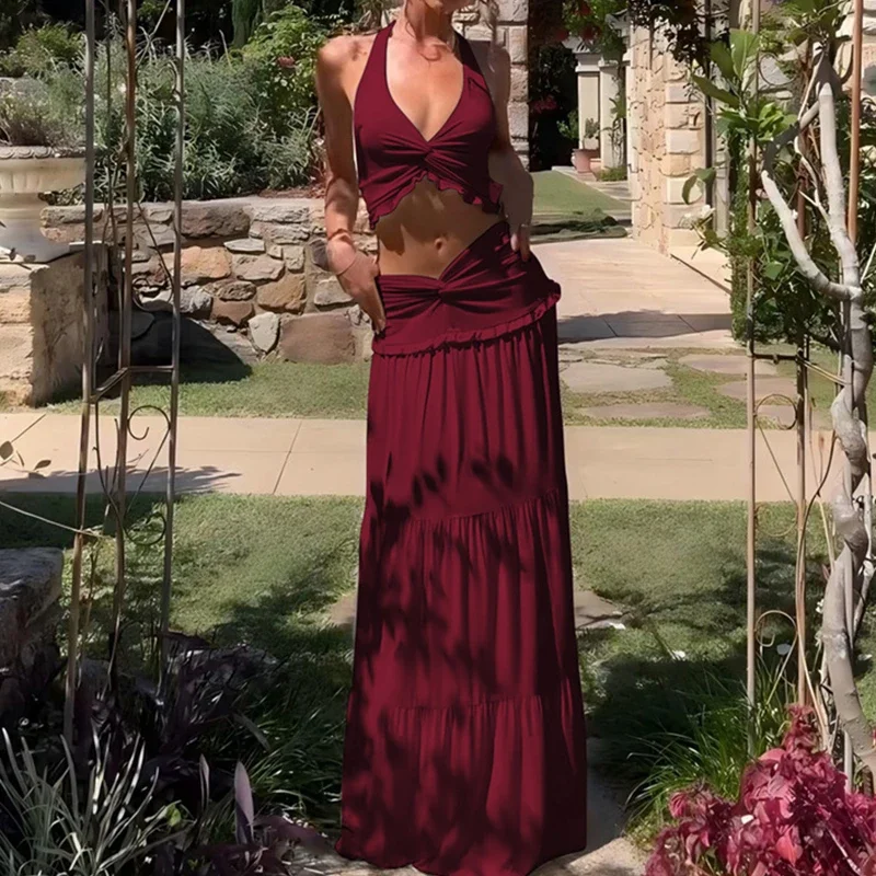 LIBIELIY Sexy V-neck Halter Tie-up Top & Long Skirt Set Women Elegant Knotted Solid Slim 2Pc Outfits Fashion Hight Waist Pleat