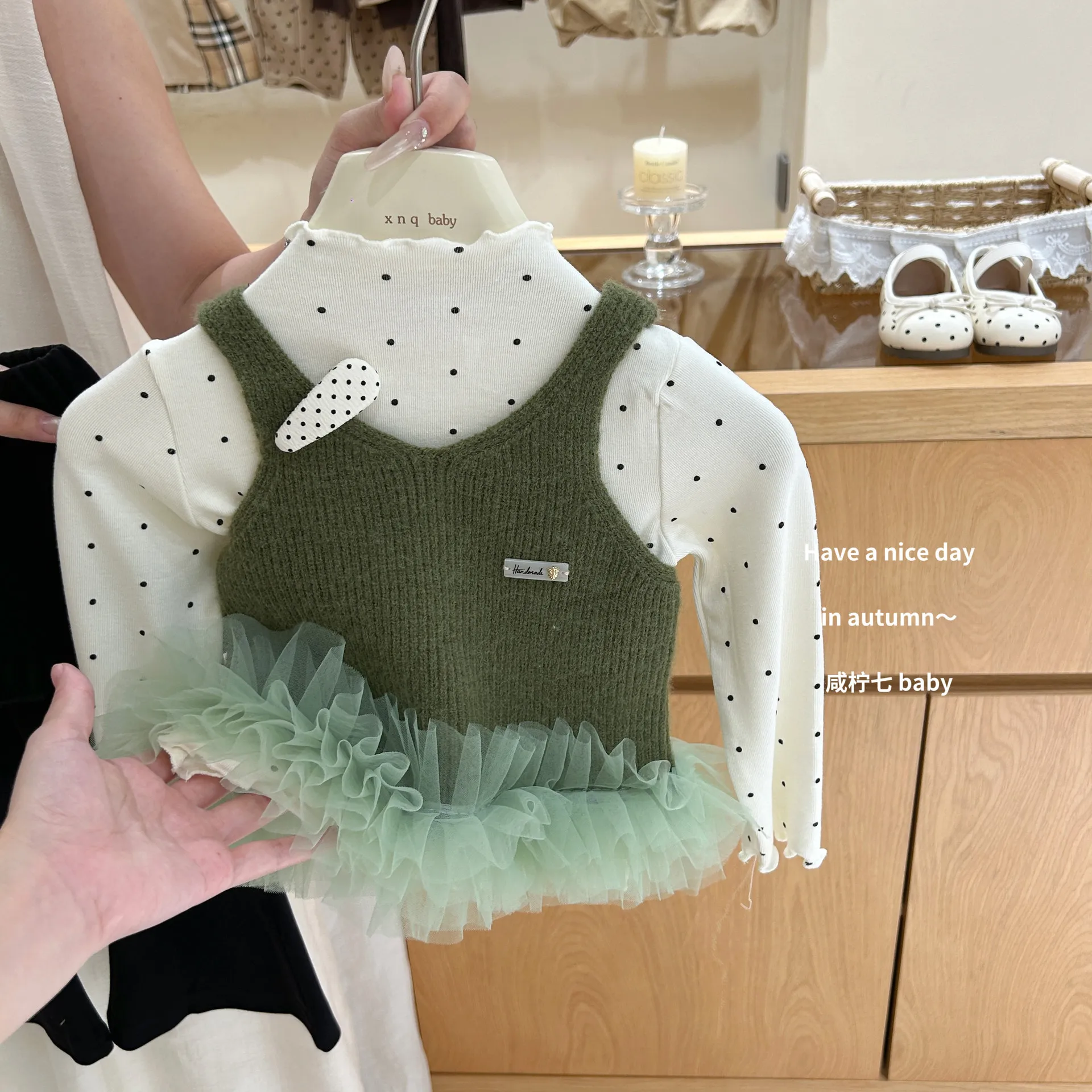 Girls Suit 2026 Autumn and Winter New Childrens Wear Girl Baby Polka Dot Bottom Shirt Mesh Knit Vest Flare Pants Three-piece Set