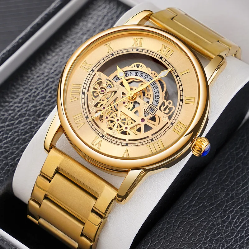 

UTHAI BK133 New Gold Hollow Flywheel Men's Watch Leisure Fashion Business Calendar Waterproof Glow Steel Band Quartz Watch