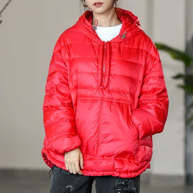 Winter Solid Half Zip Hooded Down Jacket Female Lightweight Pocket Parka Outwears Women White Duck Down Warm Jackets Overcoat